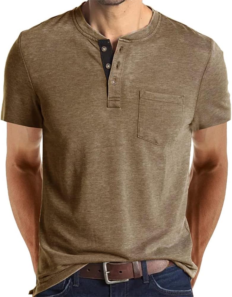 Short Sleeve Henley Button Shirt with Pocket