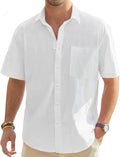 Cotton Linen Short Sleeve Button Down Shirt with Pocket