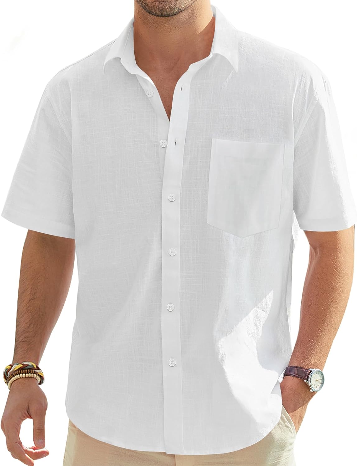 Cotton Linen Short Sleeve Button Down Shirt with Pocket