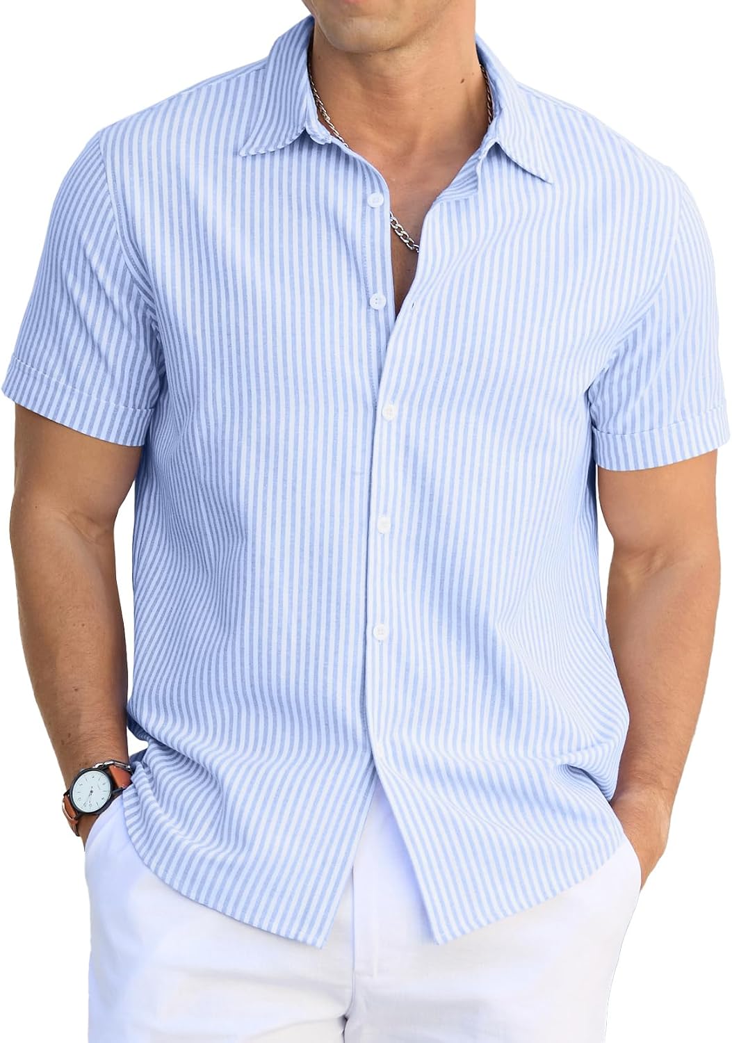Striped Cotton Short Sleeve Button Down Shirt
