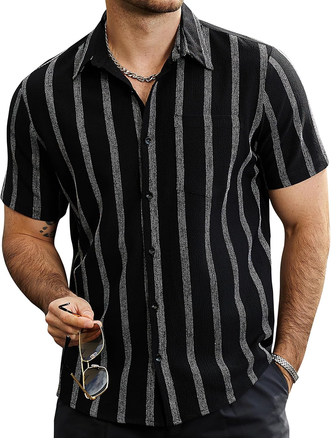 Striped Short Sleeve Button Down Shirt with Pocket